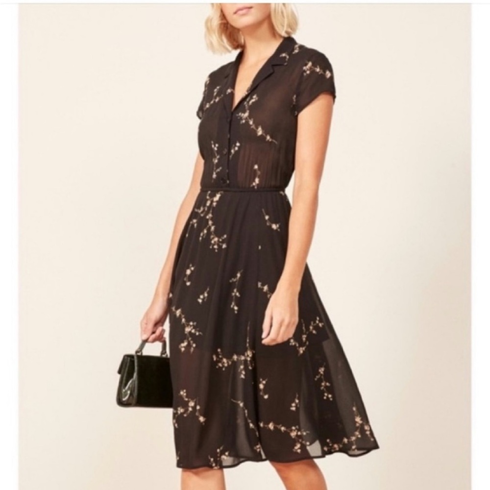 Reformation Floral Black Dress sz 8 - Picture 3 of 7
